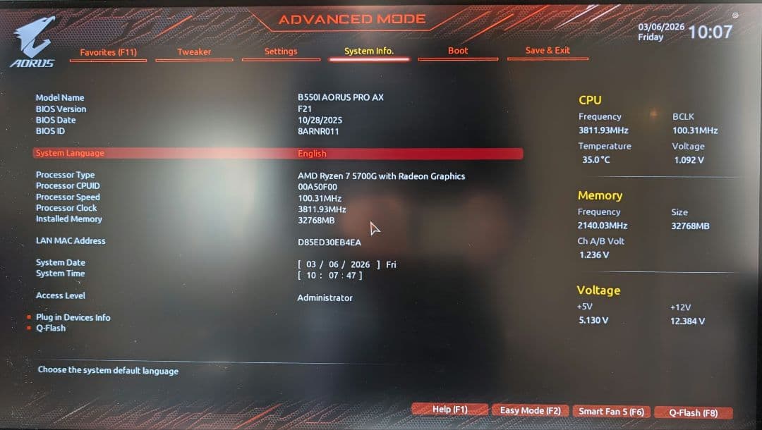 Mini-ITX自作PC_Ryzen7 5700G + 32GB + 1TB