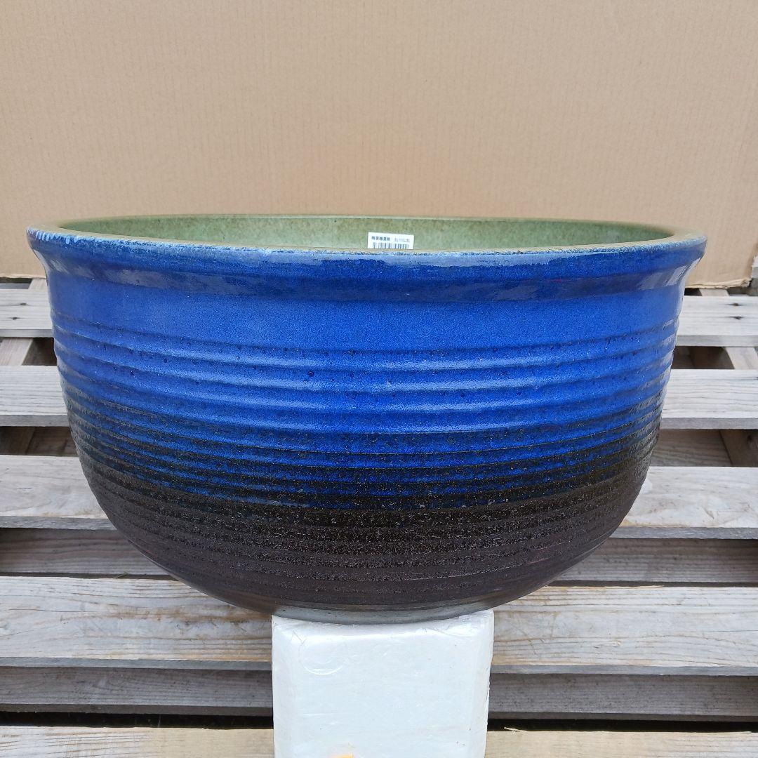 新品　∅50　陶器　睡蓮鉢　特大　難有　メダカ鉢　手造り　青＆緑色　高級　LLB