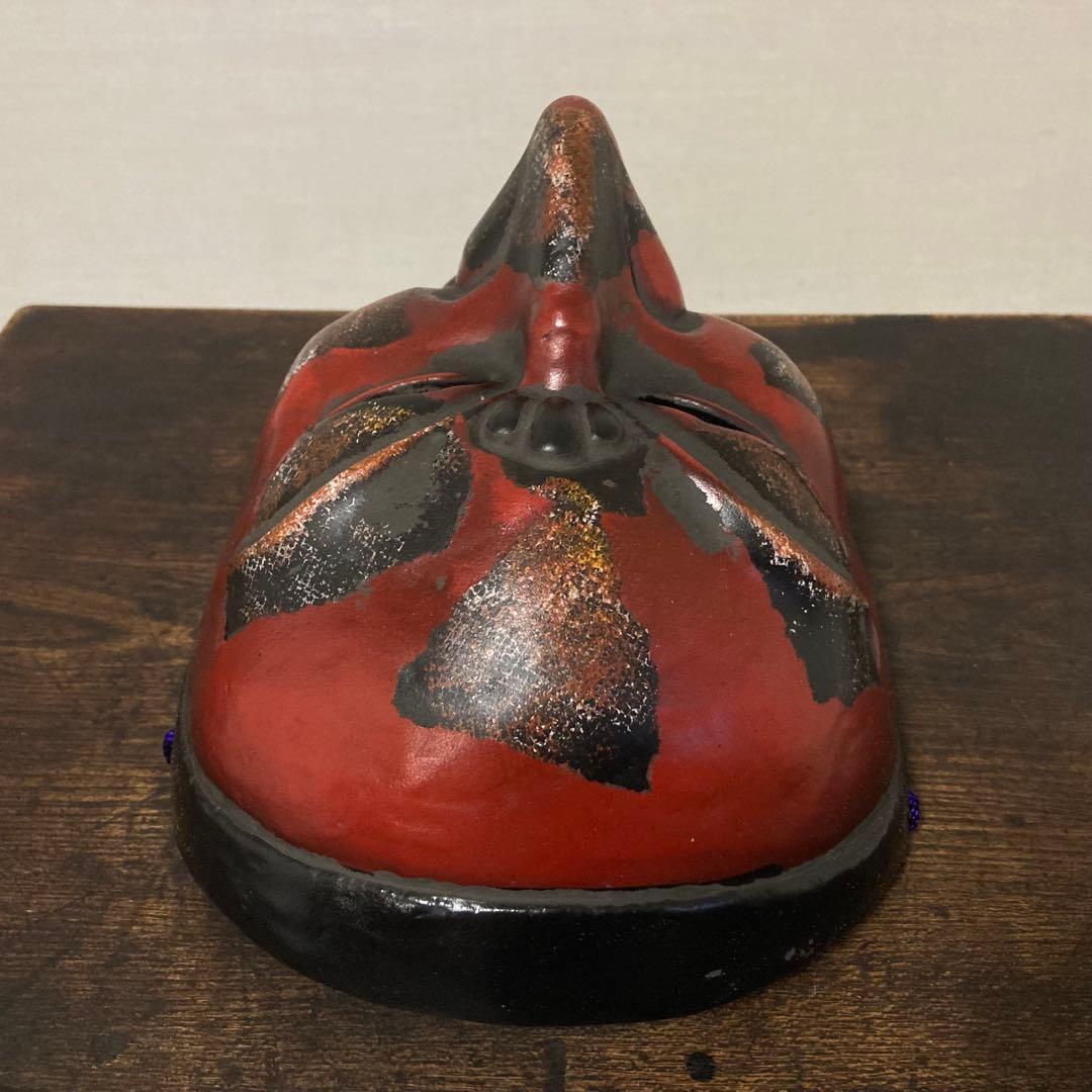舞楽面 地久 朱色 彫刻 木彫り 木製 工芸品 レトロ