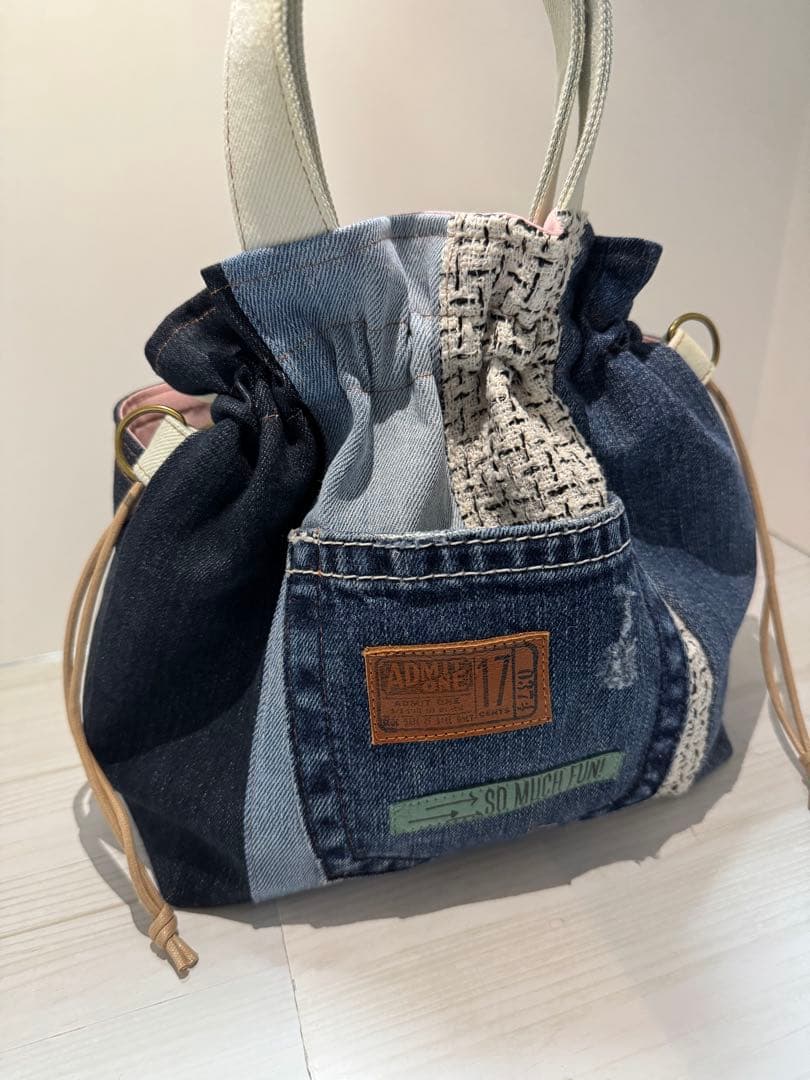 コロ葱(マロ)様　ハンドメイド　デニムリメイク　巾着トートバッグ