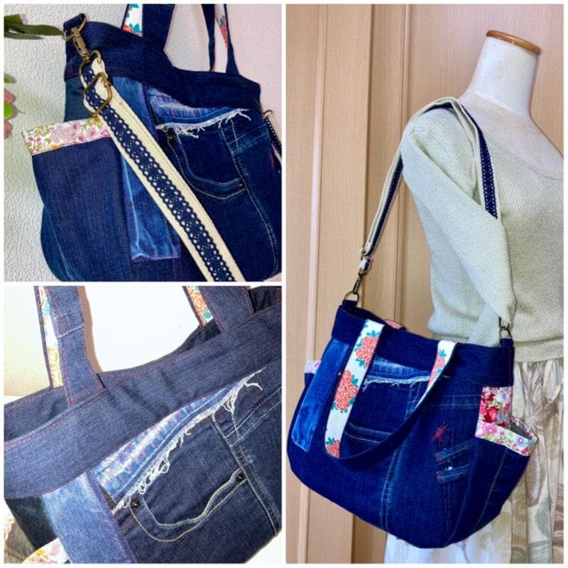 新作！お出掛けトート☆4WAY☆リメイクデニム☆パッチワーク☆花柄