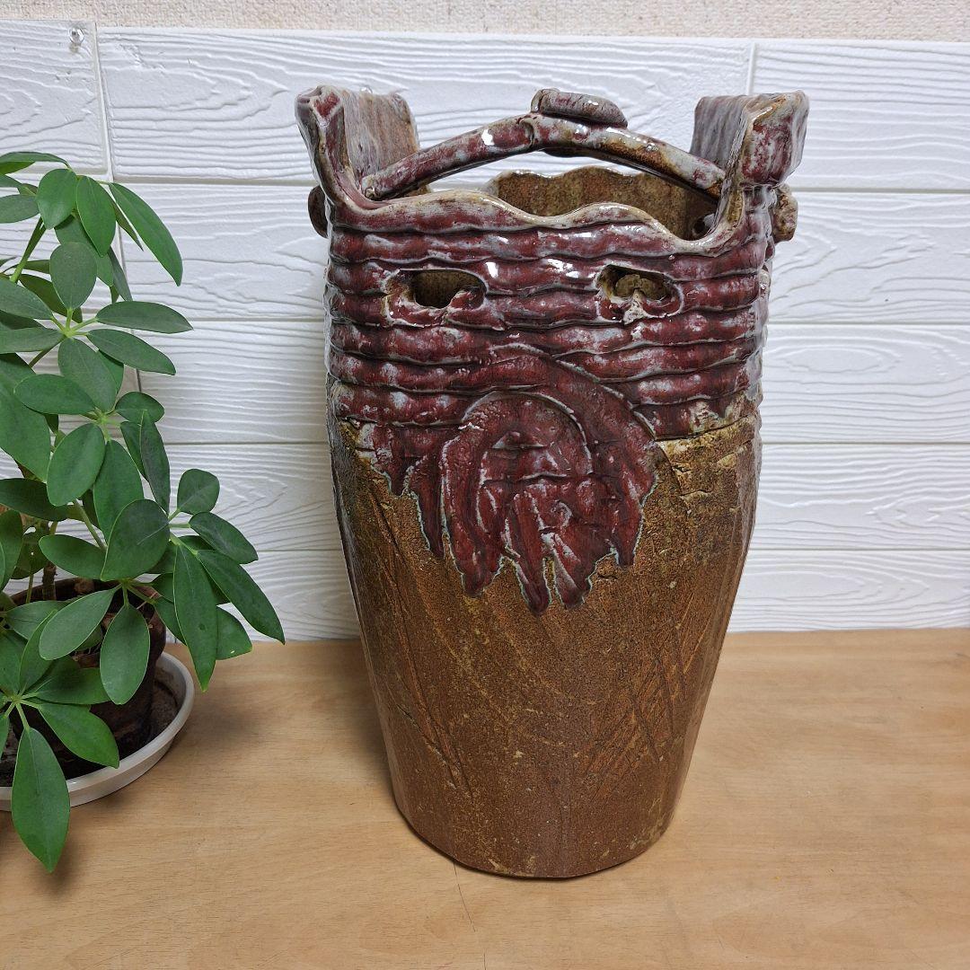 【一点物】手捻り 陶器 傘立て 43cm 辰砂 釉変 大型 玄関 什器 和モダン