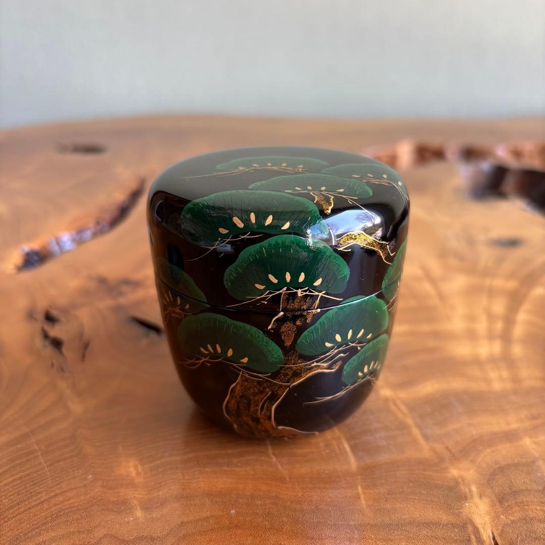 中出松峰作 老松蒔絵 中棗 共箱 茶道具 （4.1）