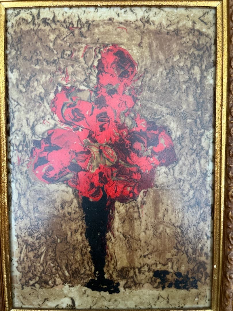 赤い花　絵画　陶板　小型　額縁つき
