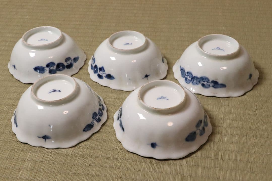【CL98】明治 伊万里焼 草花の図 色絵 小鉢 五客 幅13cm 向付 錦手
