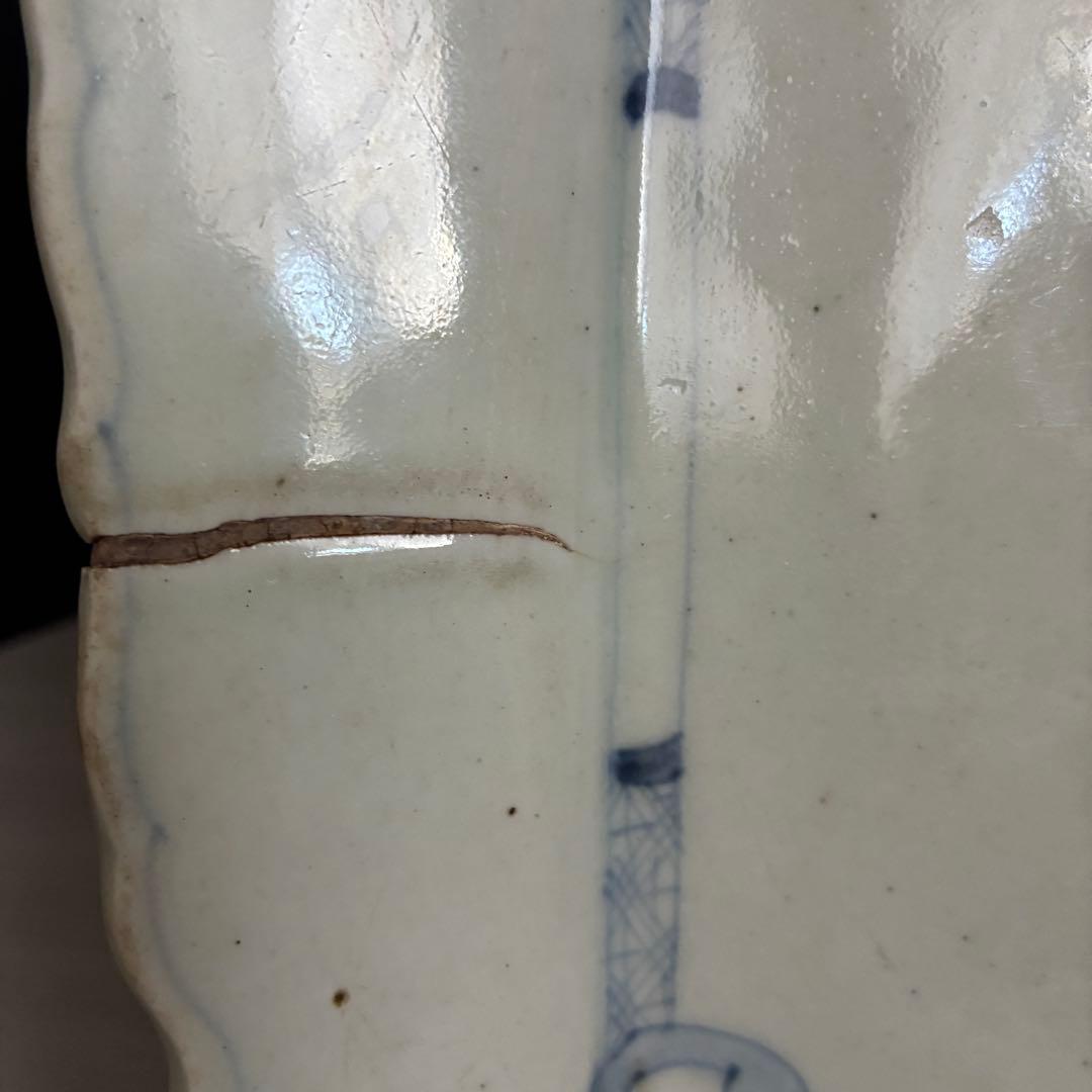 染付 隅切角皿　約26.5㌢皿 飾り皿 骨董 呉須　鑑賞用　霊芝花瓶文 金継ぎ用