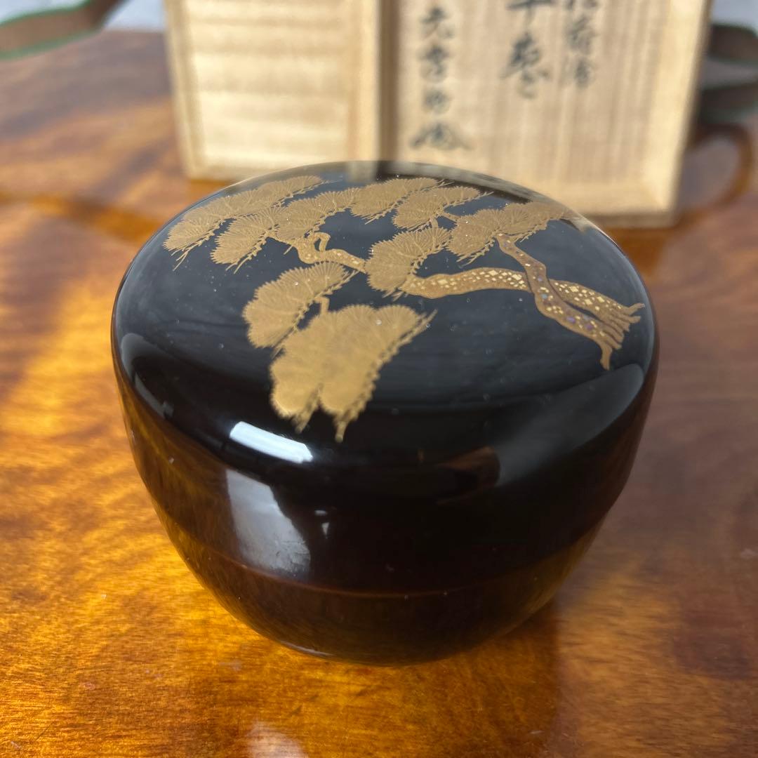 棗『瑞松蒔絵　平棗　共箱』　漆塗り　茶道具　作者不明