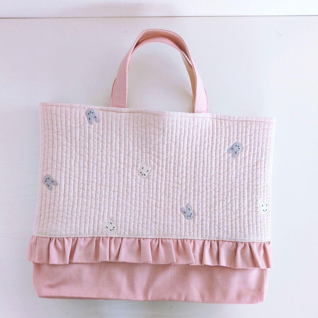 ハンドメイド　入園入学セット　レッスンバック　ランチマット　うさぎ刺繍ヌビ