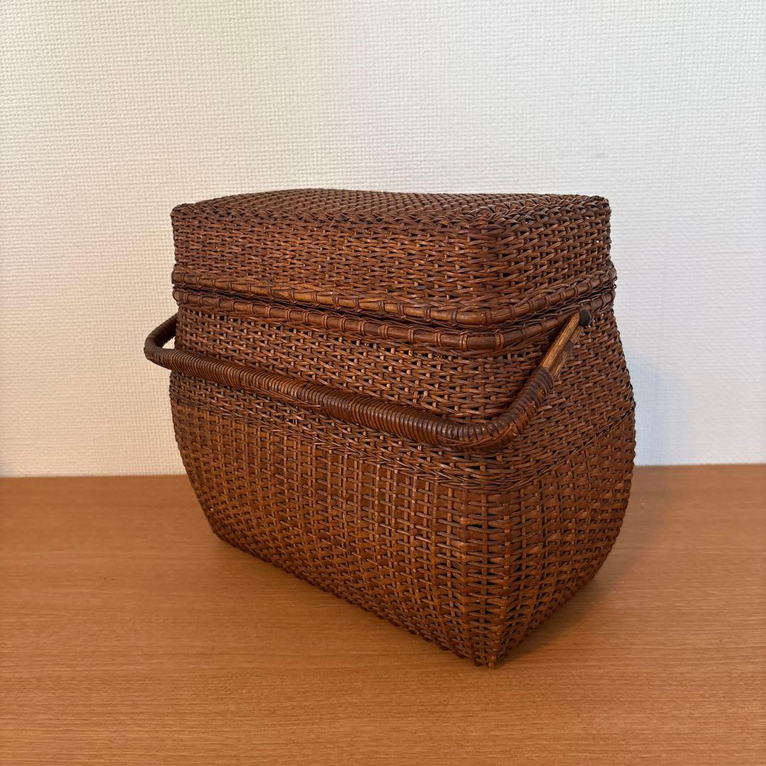 【美品】籐製ボックス型かごバスケット ブラウン 中型