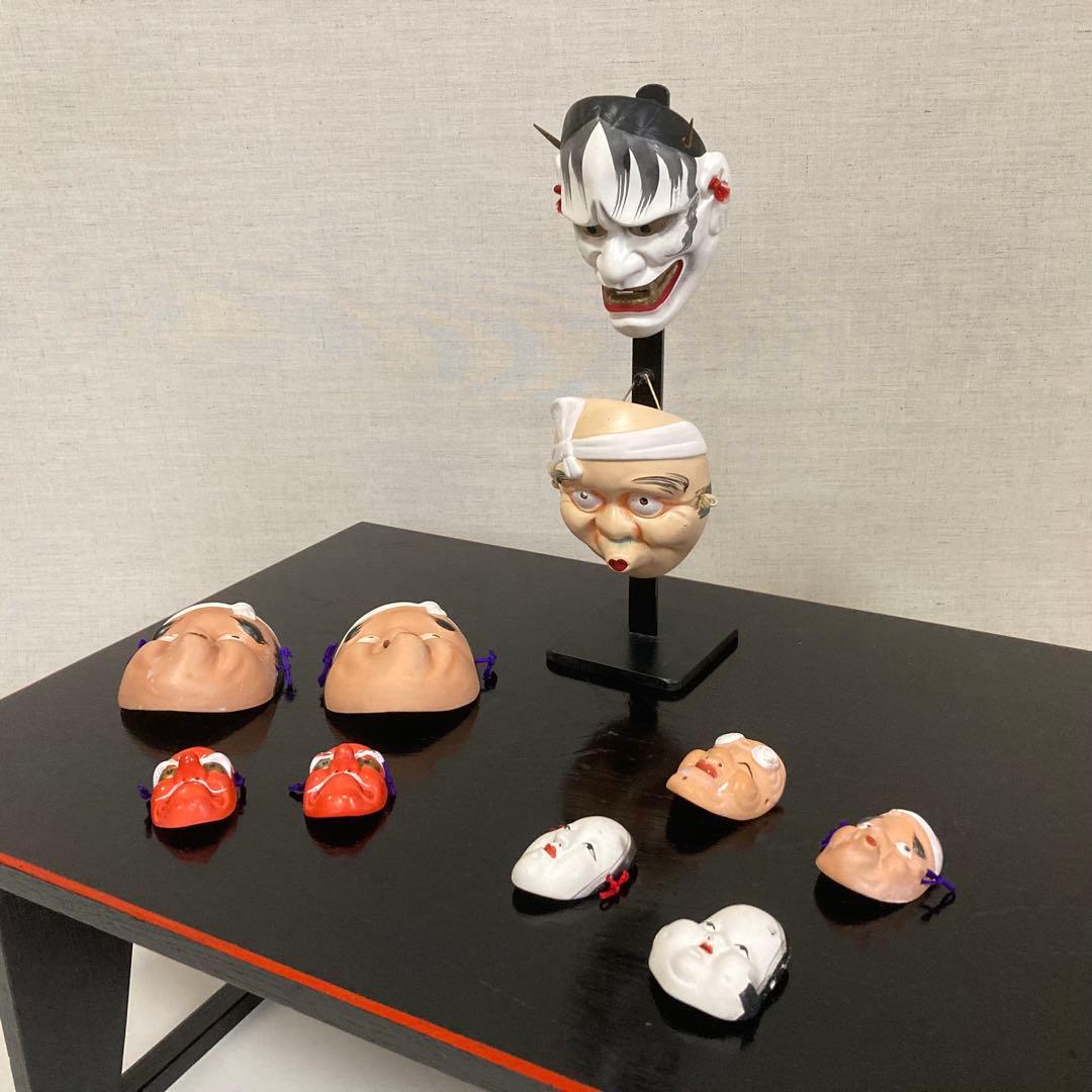 ひょっとこ 般若 天狗 翁 お多福 工芸品 和風 置物 陶器 スタンド付 レトロ