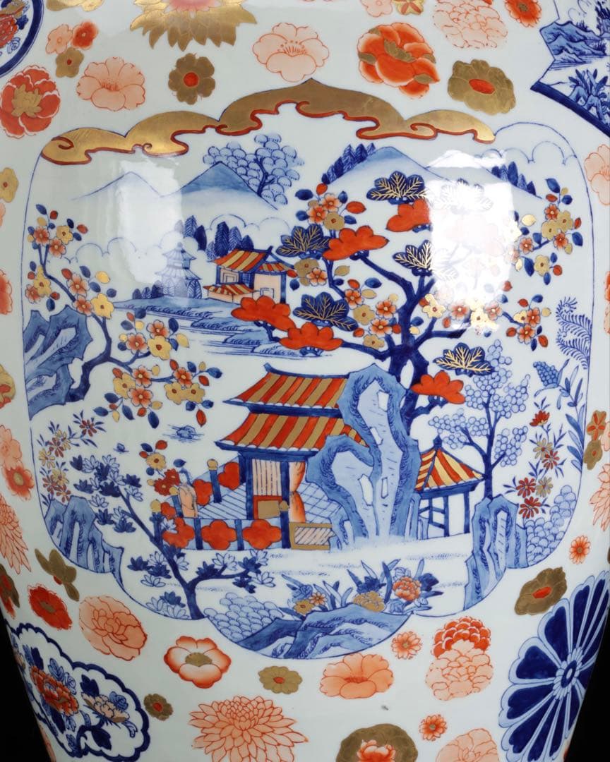 有田焼 染錦窓絵花鳥山水図 獅子摘蓋付 沈香壺 大型97㎝ 飾壷 古美術 骨董品