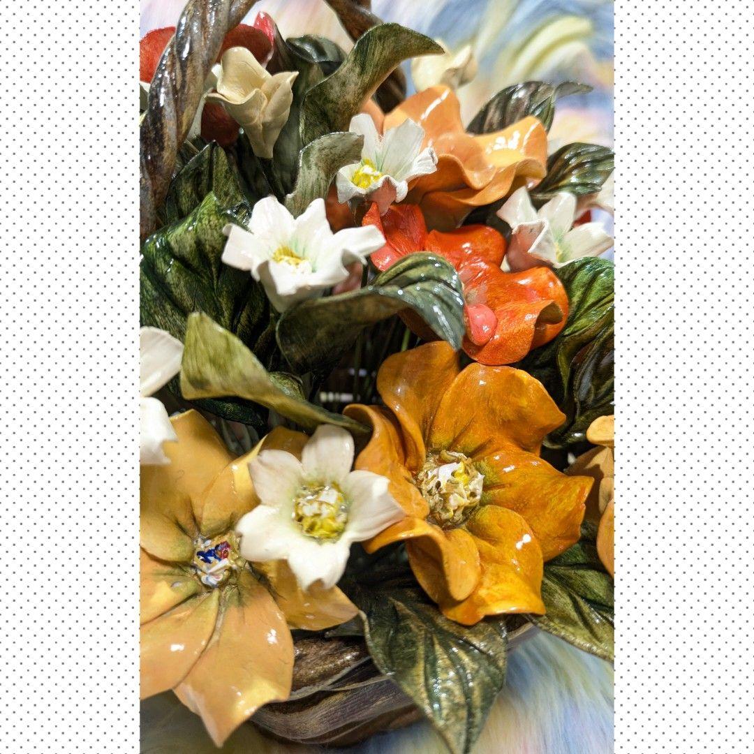 ハンドメイド★フラワーバスケット オブジェ ★石膏 花 暖色系 ブーケ
