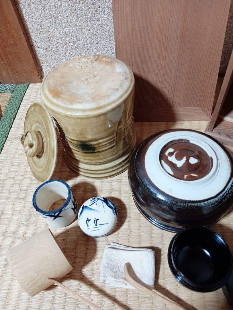 茶道具セット　短編箱　茶道 茶碗　茶せん　茶杓　なつめ　茶巾　棗　黄瀬戸　水指