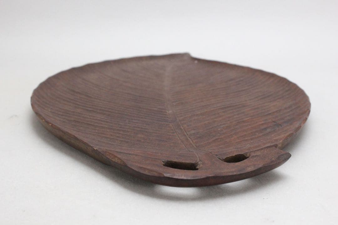 No5833 木彫　葉盆　横幅46cm 木製　無垢　煎茶道具　トレイ　送料無料