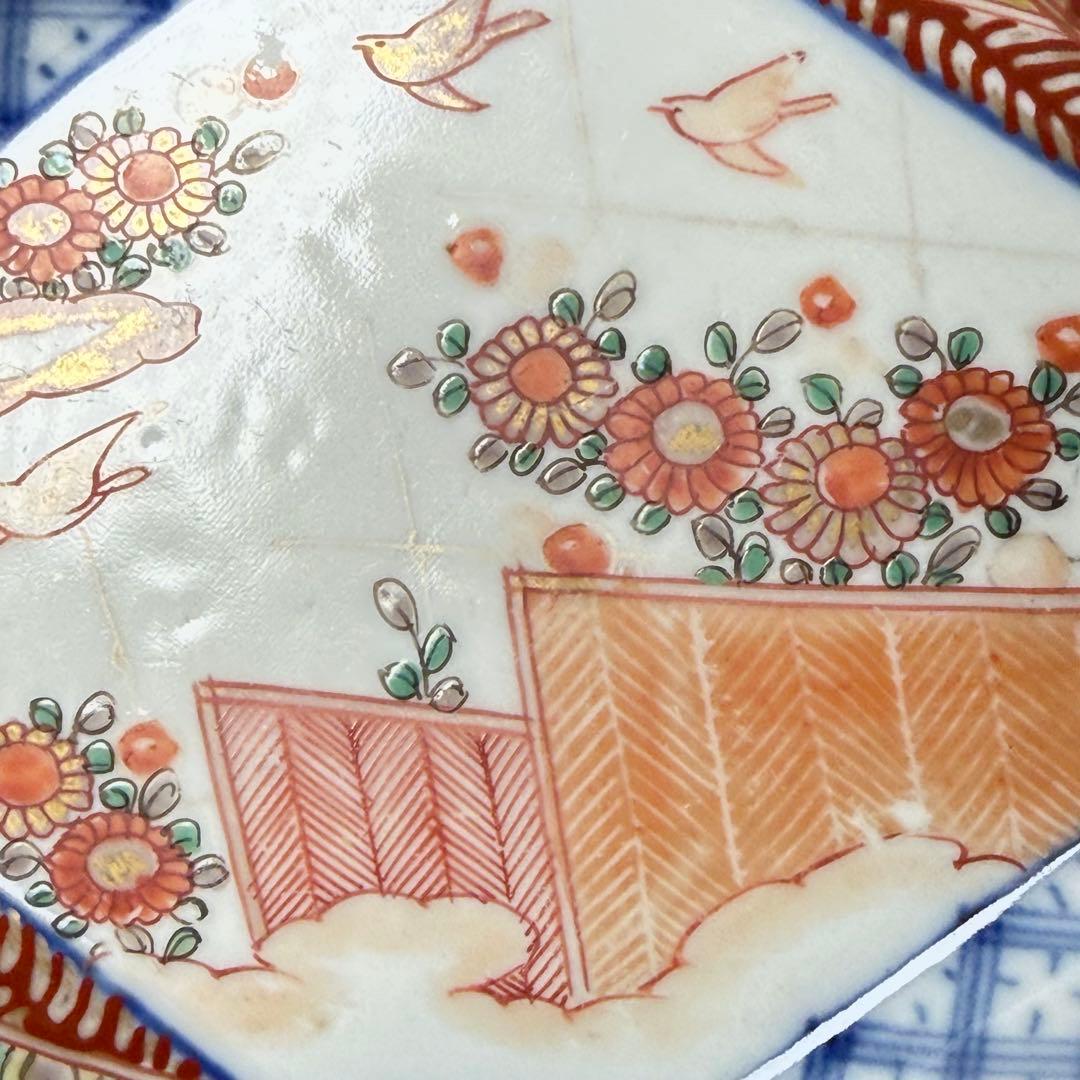 古伊万里　色絵花鳥垣根文変形皿　五枚　刺身皿　江戸時代〜明治時代　古器を楽しむ
