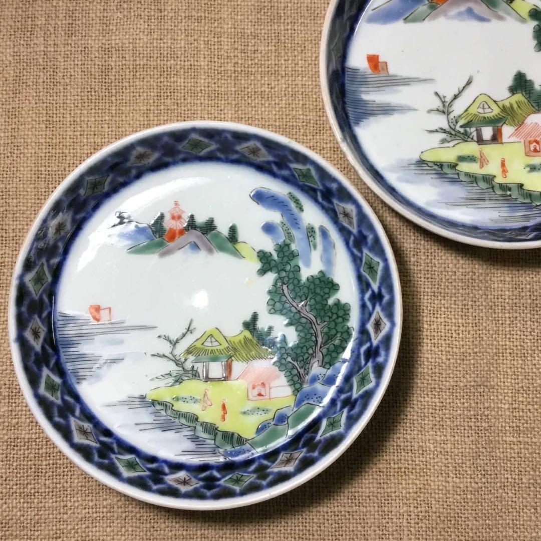 古伊万里◆小皿２枚◆色絵 染付 ４寸 12㎝ 山水 手塩皿 豆皿 銘々皿 和食器