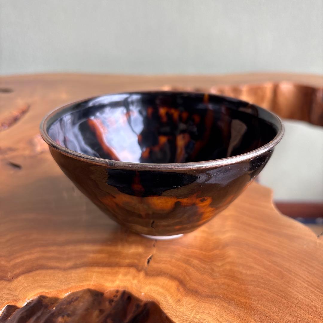 桶谷定一造 天目茶碗 唐草鳥紋仕覆付 西陣織 共箱 抹茶碗 茶道具
