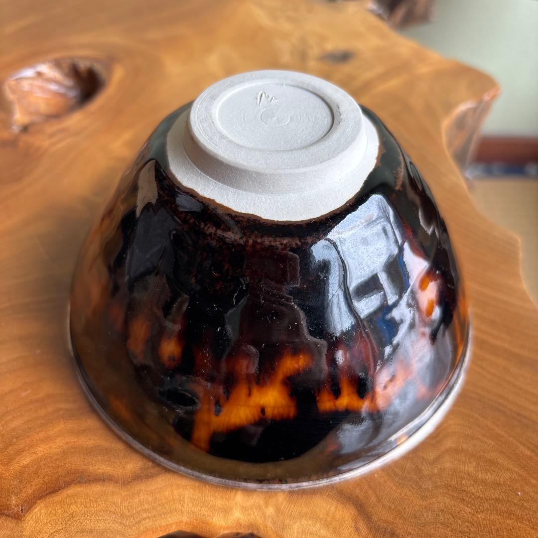 桶谷定一造 天目茶碗 唐草鳥紋仕覆付 西陣織 共箱 抹茶碗 茶道具