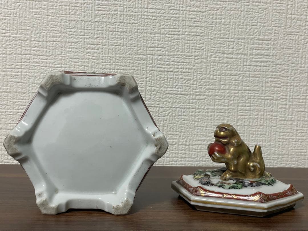 時代物 九谷焼 赤絵金彩 六面香炉 獅子火屋 賢人聖獣図 古美術