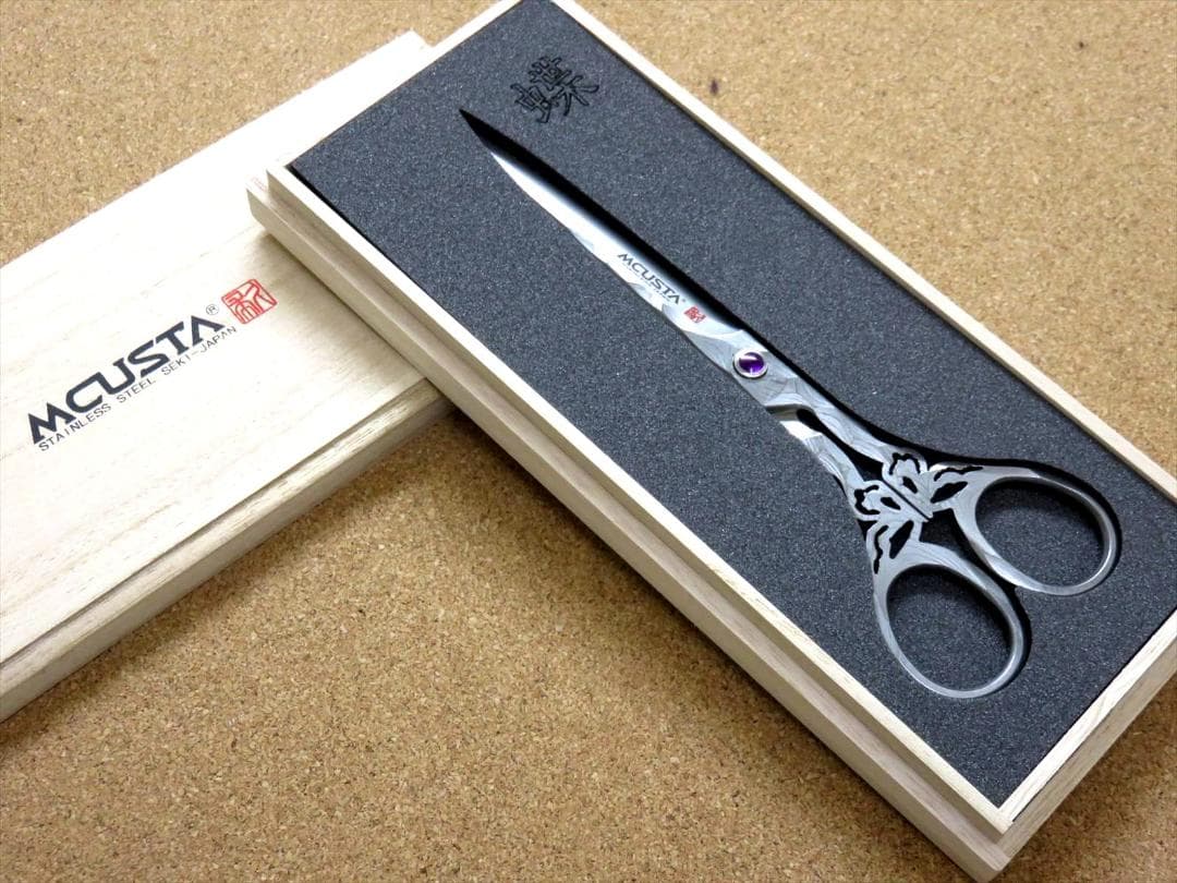関の刃物 エムカスタ 蝶 ハサミ ダマスカス 32層鋼 V金10号 桐箱 はさみ
