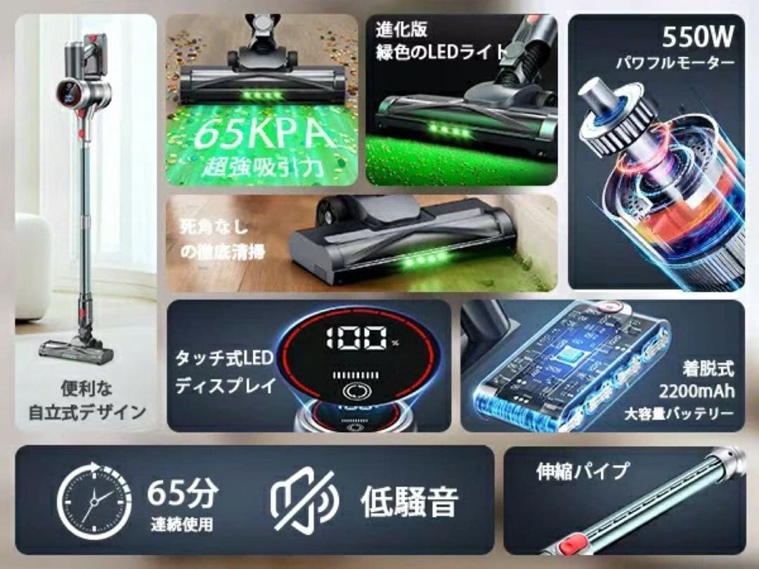 コードレス掃除機　65000Pa LEDライト　自立式　液晶ディスプレイ