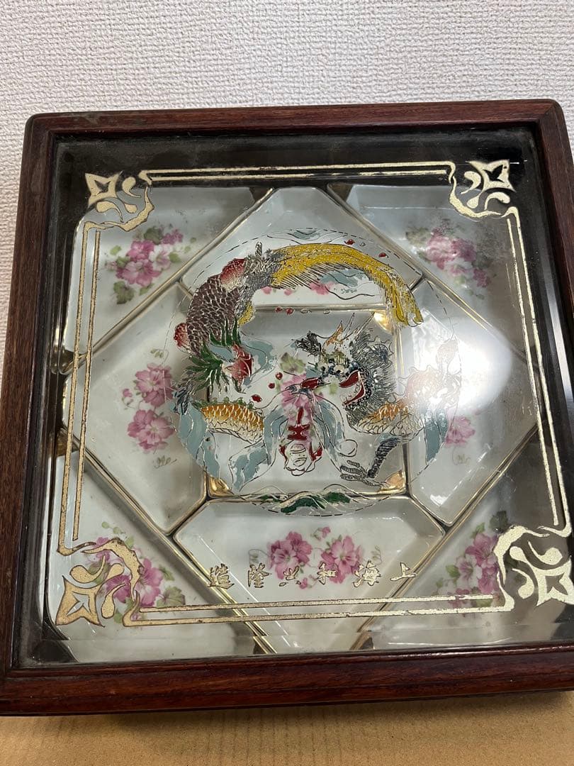 中国美術清〜民国期　上海和興隆造ケース付色絵金彩花紋揃茶器皿煎茶道具　9点セット