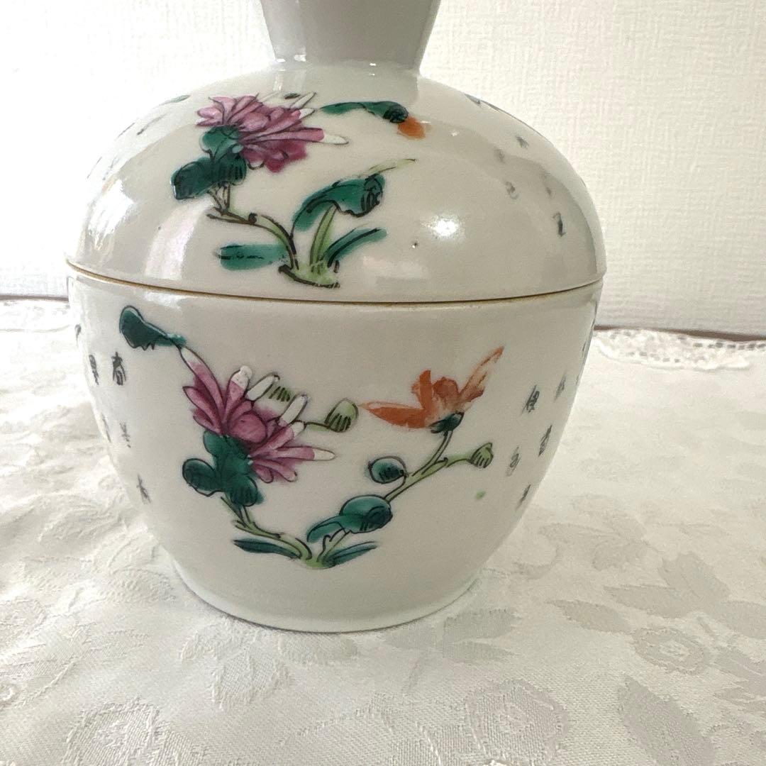 中国古美術 清末民国　粉彩 四季の花　染め付け　蓋付き器