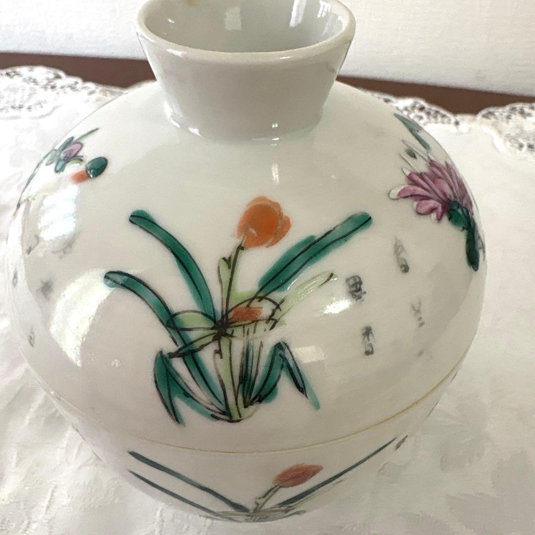 中国古美術 清末民国　粉彩 四季の花　染め付け　蓋付き器