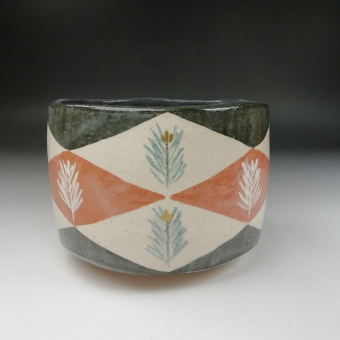 Ｔ４２５　茶碗　『菱紋松葉』『吉村楽入 造』　共箱　抹茶碗　茶道具