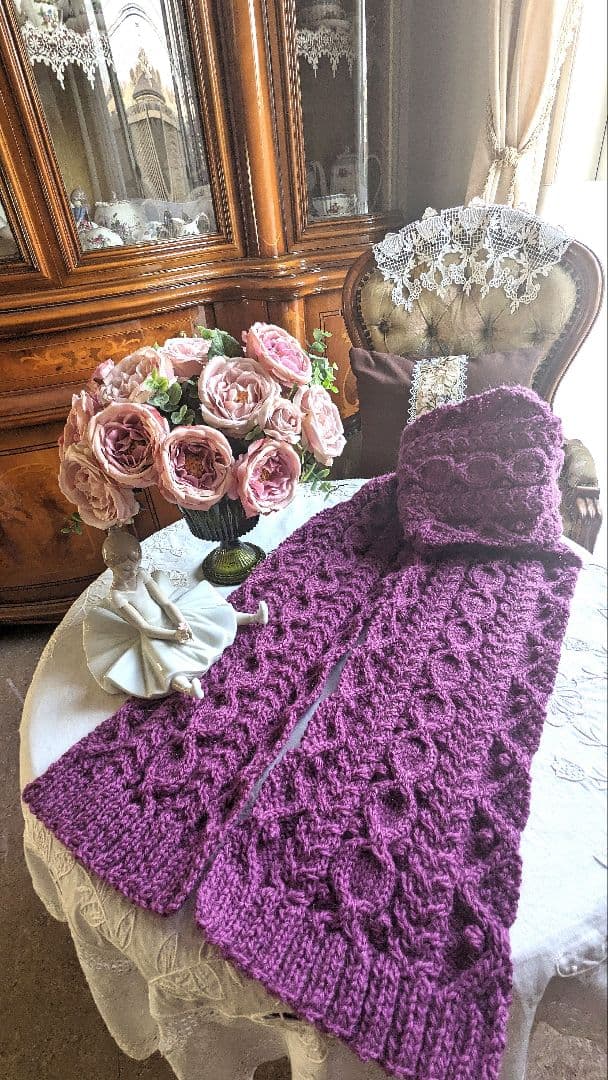 お値下げ♫ハンドメイド アラン模様 手編み すみれ色 パープル
