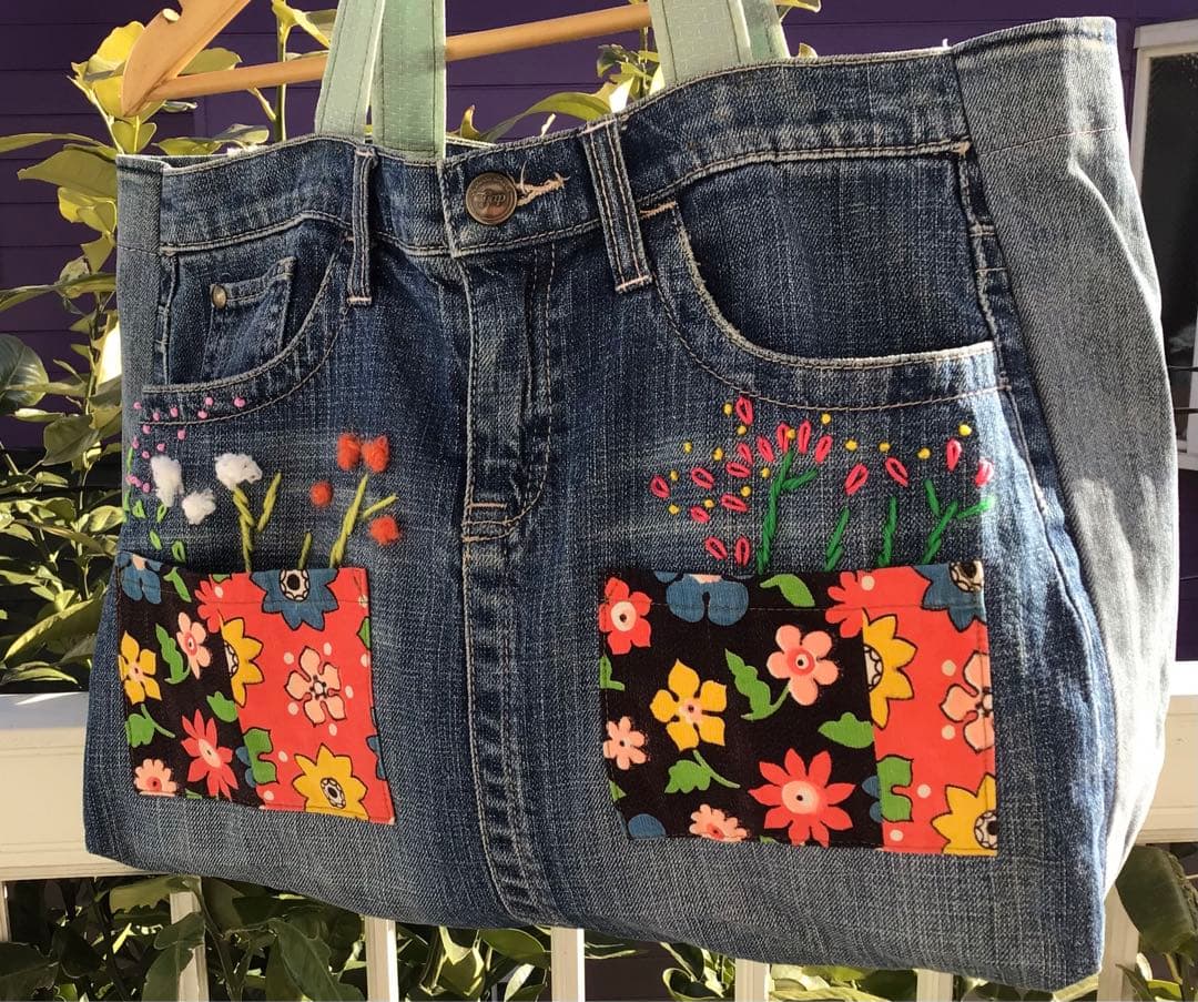 デニムバック　トート　手作り　アメリカ製生地パッチ　可愛い　ヴィンテージ　手刺繍