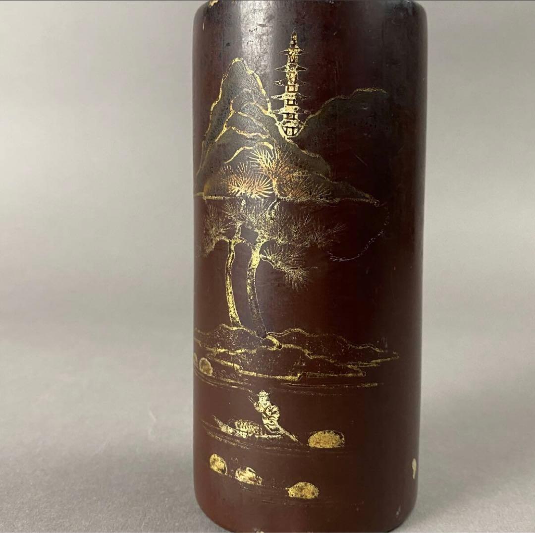 清~民国 黒漆金彩山水紋筆筒 文房用具 古董 筆入れ 美術品 蒔絵