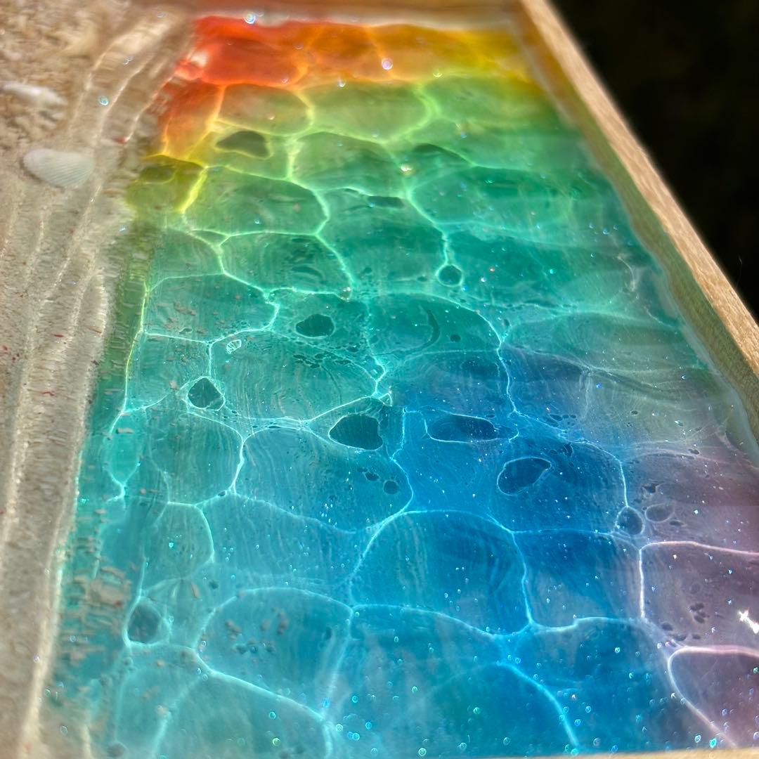 ★【試作品】レジン　海アート　波紋　砂紋　木製トレー小　No.1150