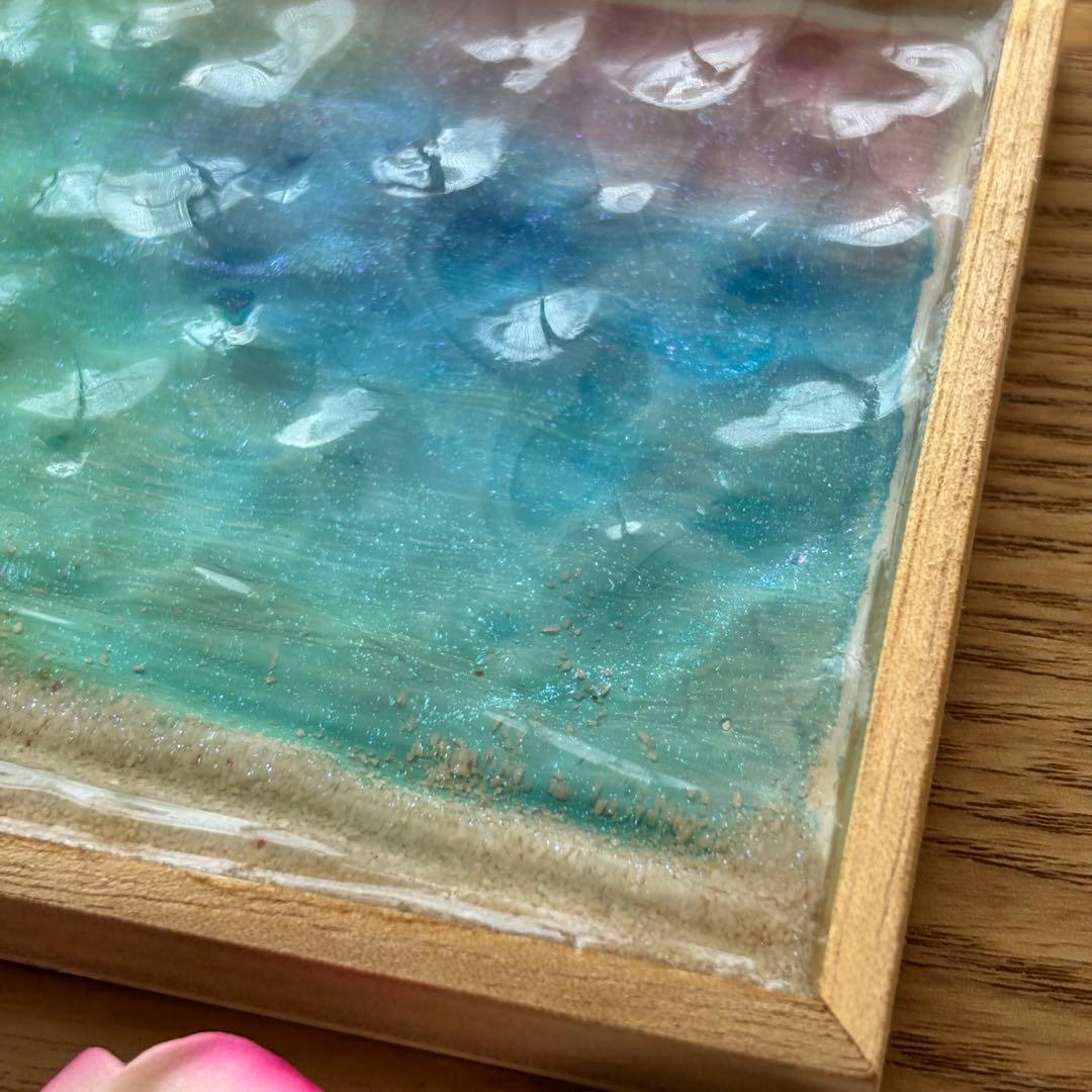 ★【試作品】レジン　海アート　波紋　砂紋　木製トレー小　No.1150