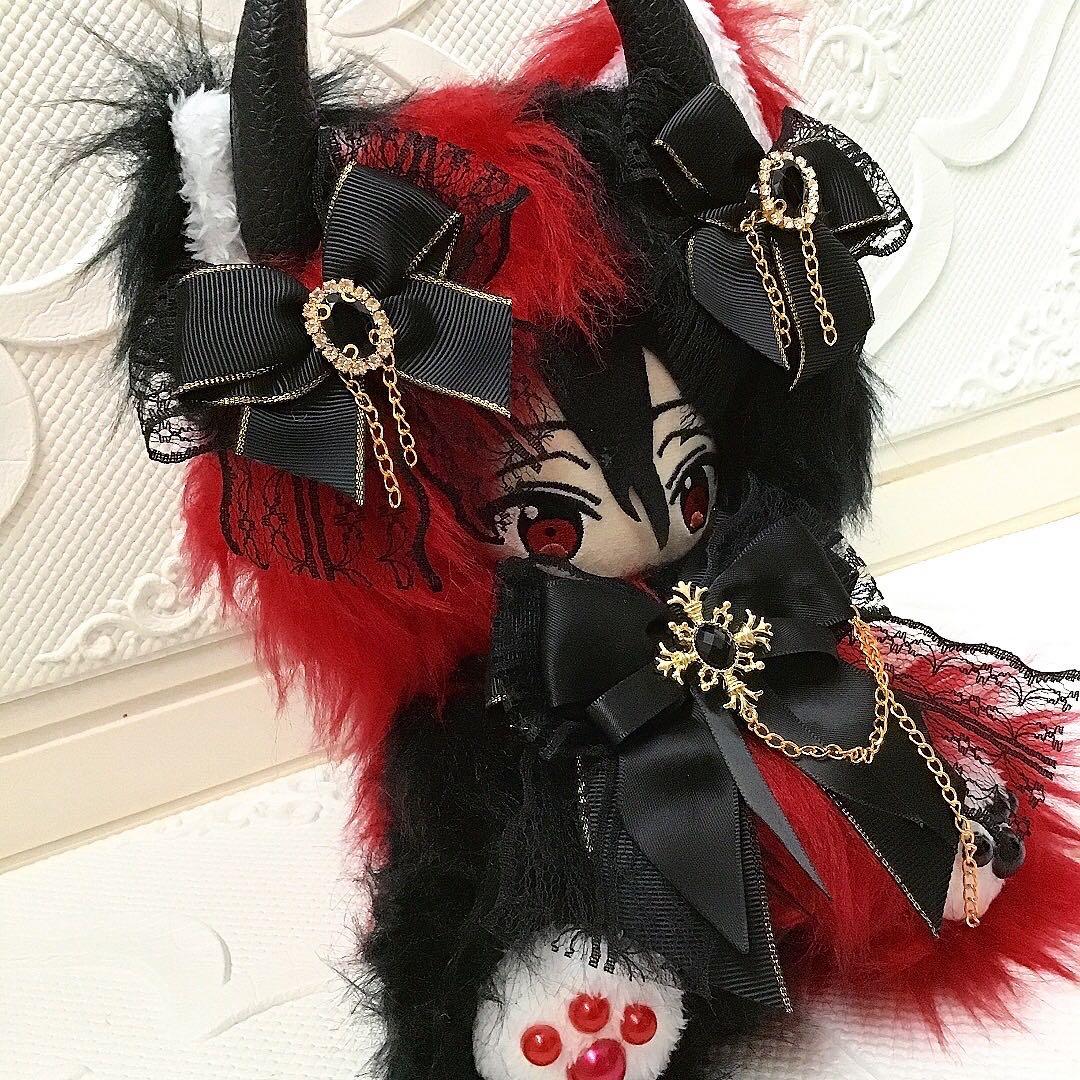 【100】おすわり　ぬい服　16cm 着ぐるみ　デビル　ねこ　長毛　黒&赤