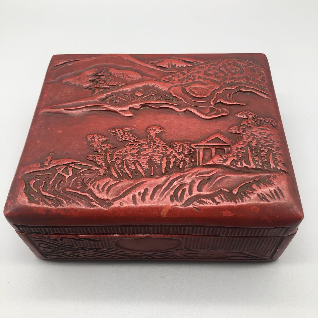 希少アンティーク伝統工芸堆朱風景画彫刻箱小物入れ文箱漆器ビンテージレトロ骨董