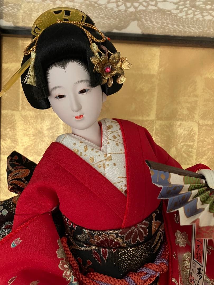 京峰　寿六代作 京人形 赤い着物 蝶の刺繍 約40cm