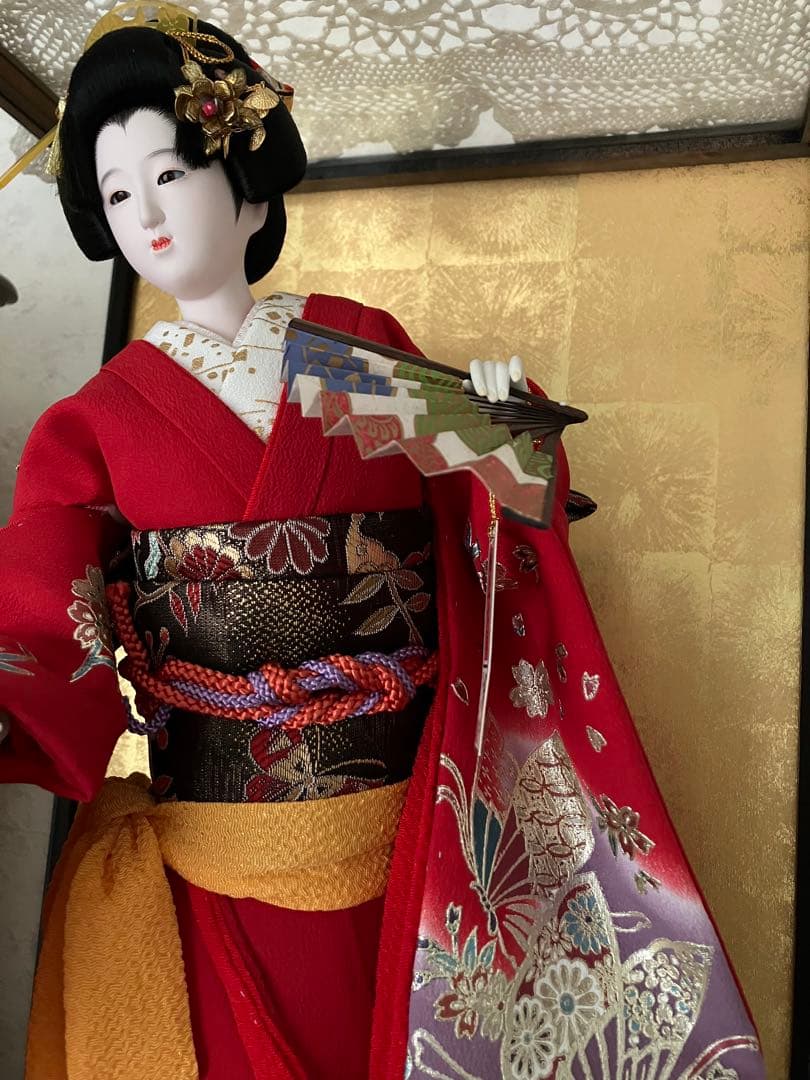 京峰　寿六代作 京人形 赤い着物 蝶の刺繍 約40cm