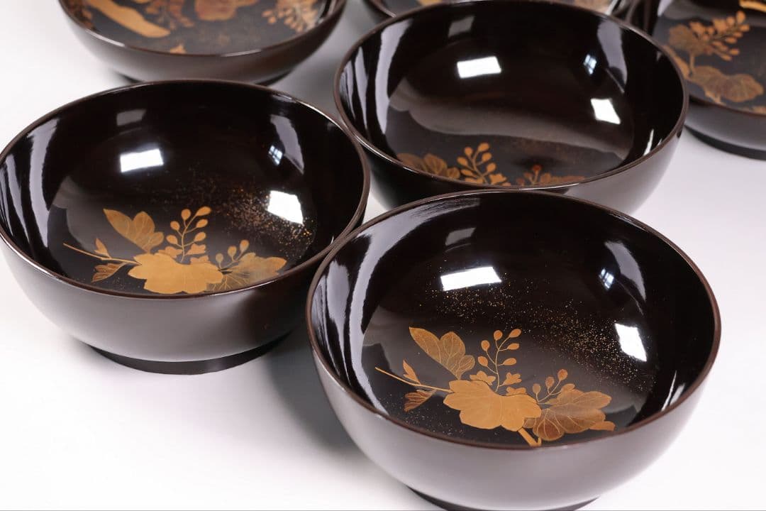 【CM461】輪島塗 天然木漆塗 桐鳳凰金蒔絵 黒塗椀 三客 昭和 漆芸 漆器