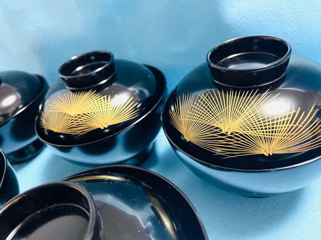 沈金 若松 松 御吸物椀 会津塗 縁起物 漆器 5客 未使用品 chinkin