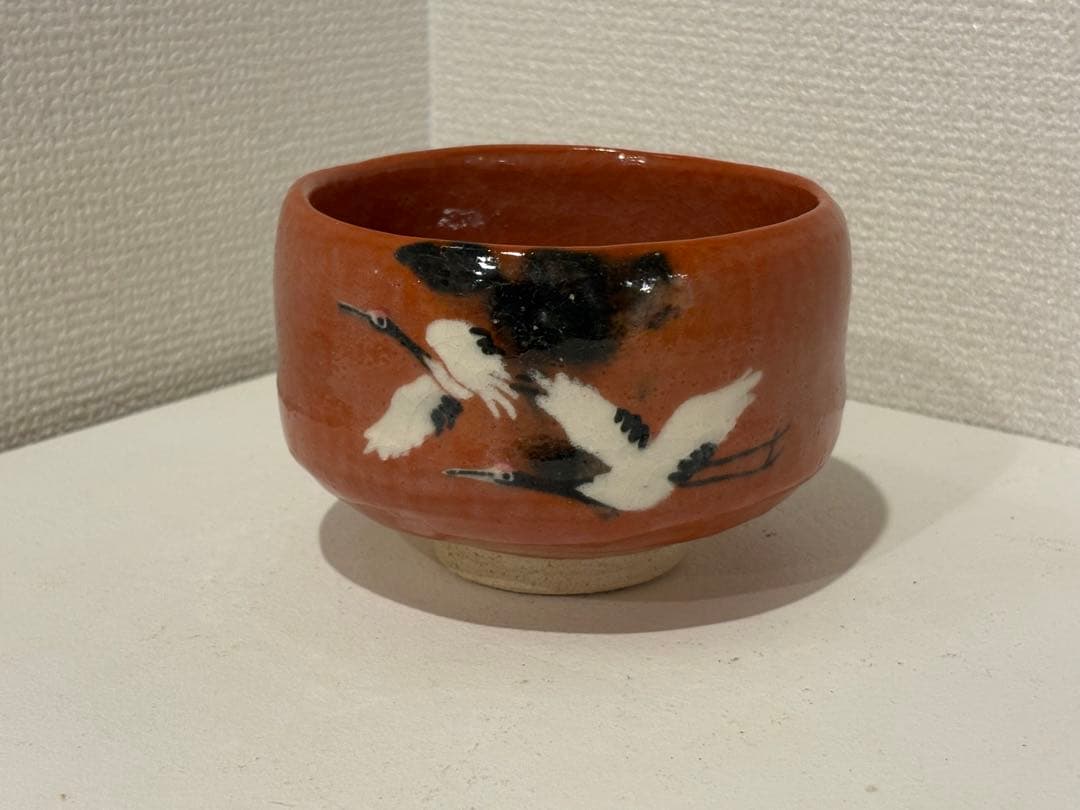 鶴図 赤楽茶碗 楽焼 抹茶碗 共箱付