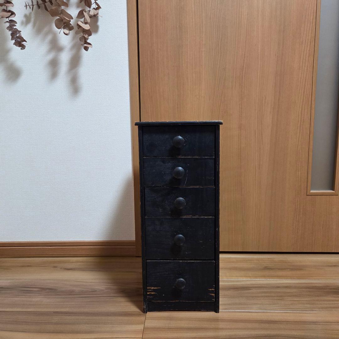古い木製の小引出し 木製 ドロワー チェスト 古家具 5杯 黒