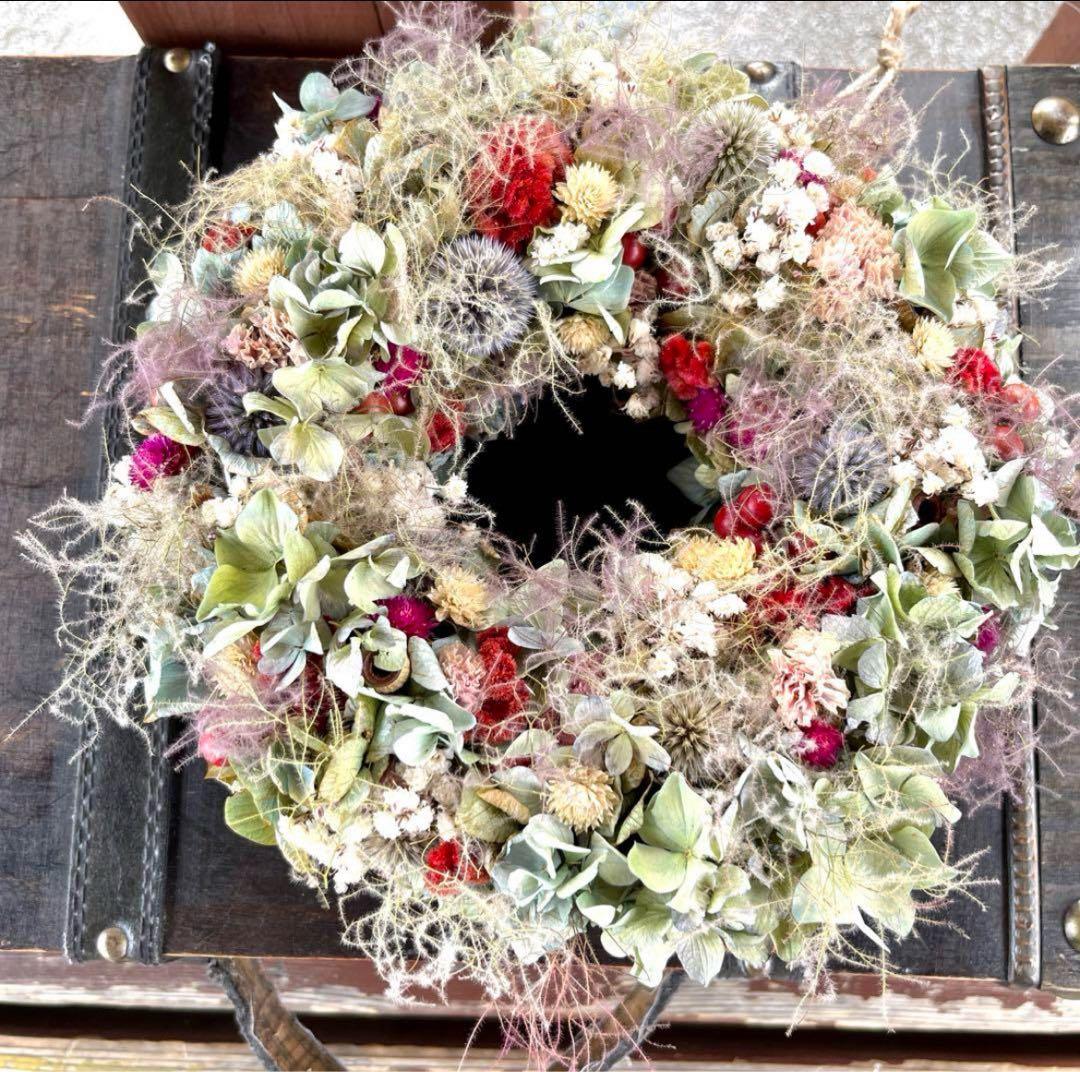 リース　スモークツリー　紫陽花　スワッグ　ブーケ