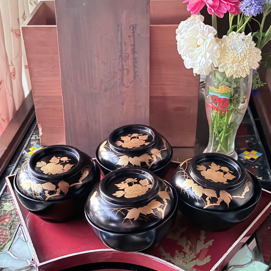 A様へ感謝お嫁入り‼️JAPAN最強運時代蒔絵牡丹&蝶真塗たっぷり菓子椀5客と木箱