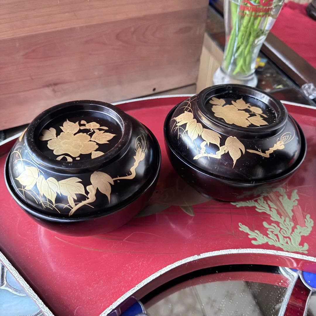 A様へ感謝お嫁入り‼️JAPAN最強運時代蒔絵牡丹&蝶真塗たっぷり菓子椀5客と木箱