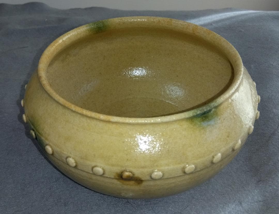 美濃焼の名工　大嶋久興　【子の日窯】黄瀬戸「油揚げ手」希少美品　茶道具建水