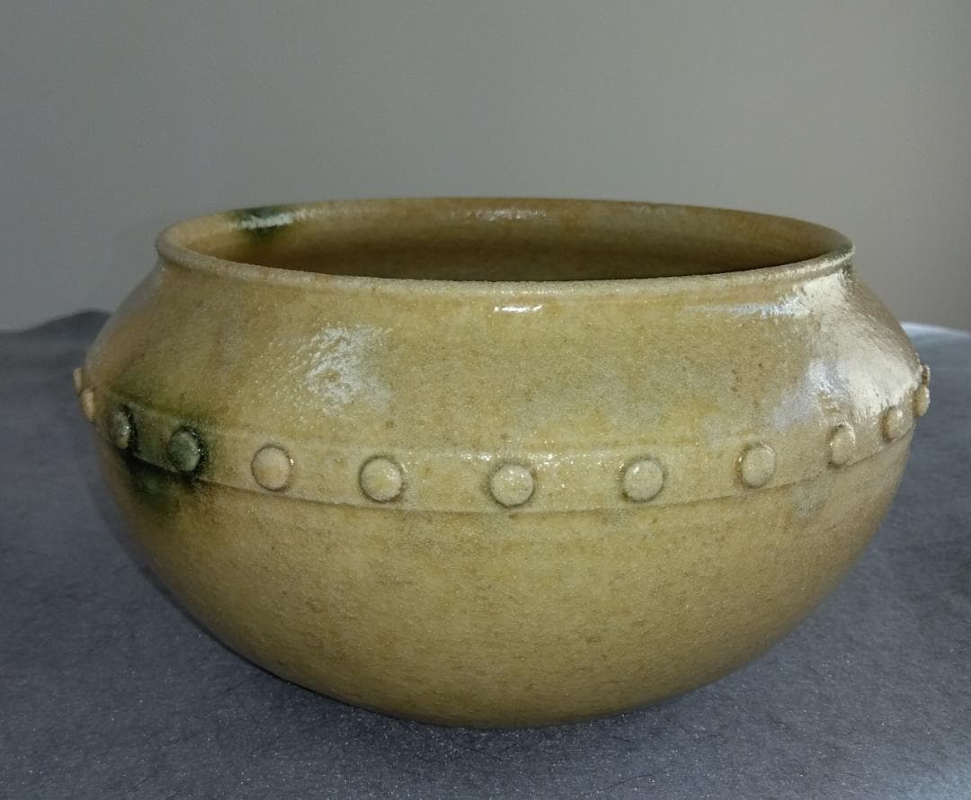 美濃焼の名工　大嶋久興　【子の日窯】黄瀬戸「油揚げ手」希少美品　茶道具建水
