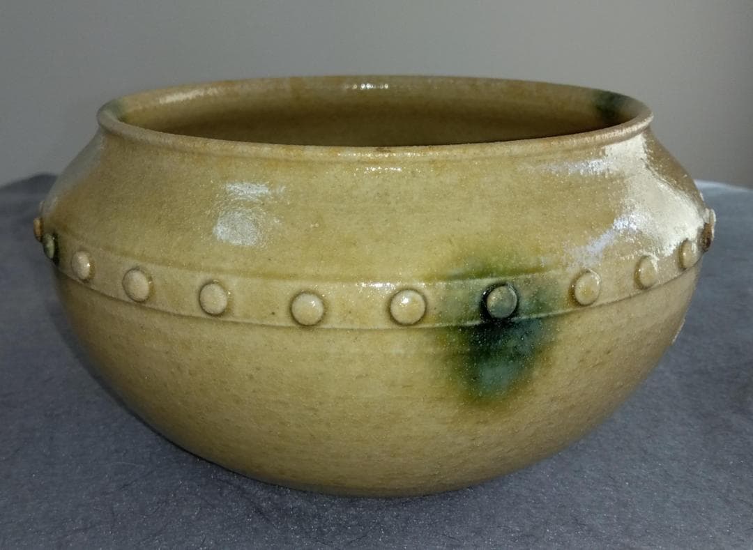 美濃焼の名工　大嶋久興　【子の日窯】黄瀬戸「油揚げ手」希少美品　茶道具建水