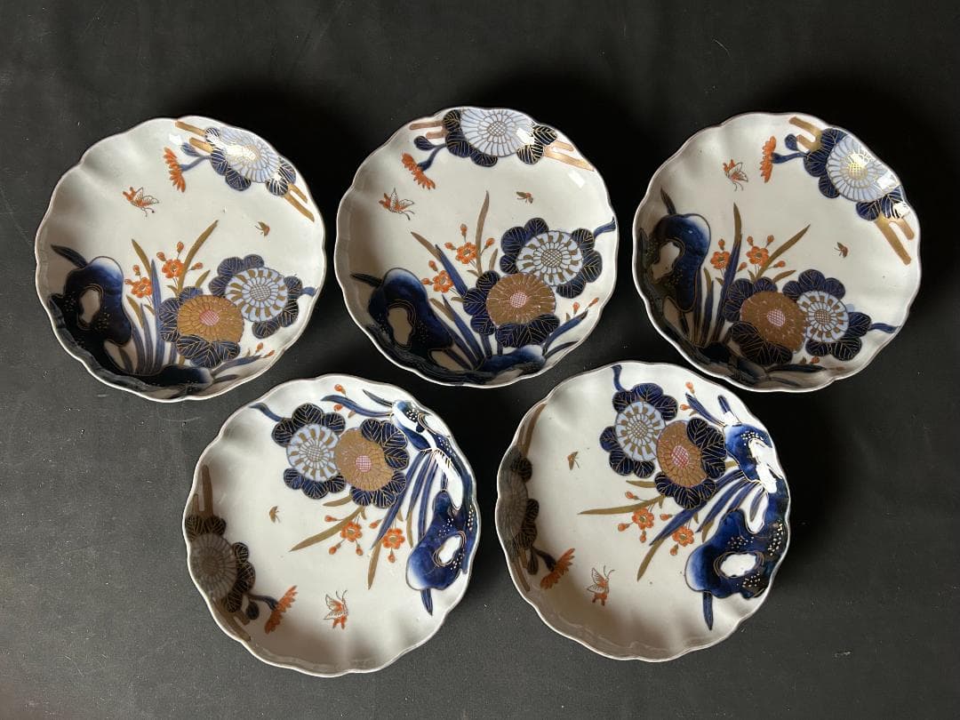 古伊万里 染錦 金彩 花蝶図 六寸皿 5客 江戸後期 61