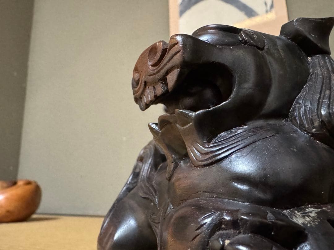 母のお茶道具の仲間たち 透かし彫り 沖縄シーサー 玉乗り唐獅子像木彫刻 2対